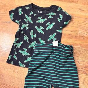 Baby Gap Boys Pajamas Set Plane Print Navy Green Striped Snug Fit 18 24M